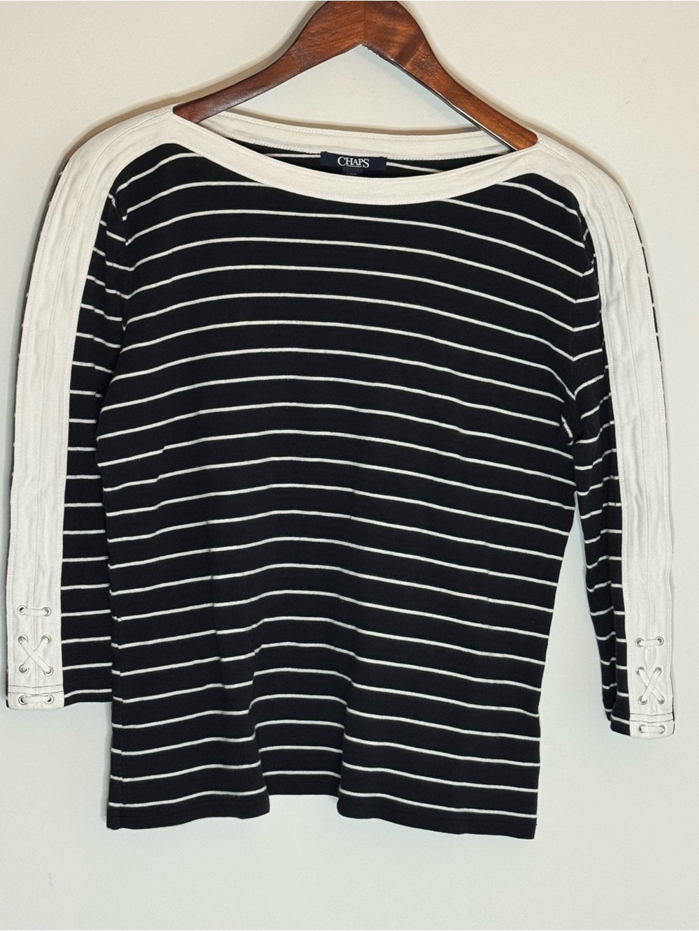 Chaps Nautical Black & White Striped Boatneck Top Grommet Lace Up Cuffs Large